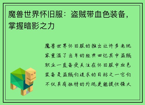 魔兽世界怀旧服：盗贼带血色装备，掌握暗影之力